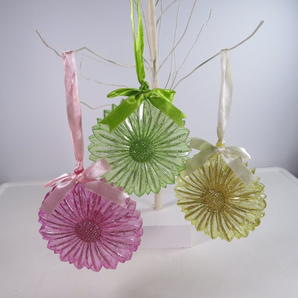 Glittered Flower (3) Ornaments for tree, wall or tucked in arrangements Spring